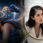 Dreaming of hair showing a woman asleep and looking at her hair in the mirror, symbolizing hair dream meanings and emotions