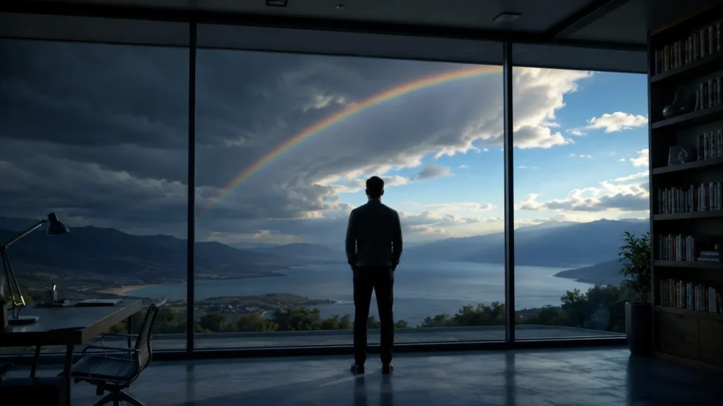 A person standing in front of a large window looking at a dramatic sky and a rainbow, symbolizing thoughts and emotional reflection in sky dreams