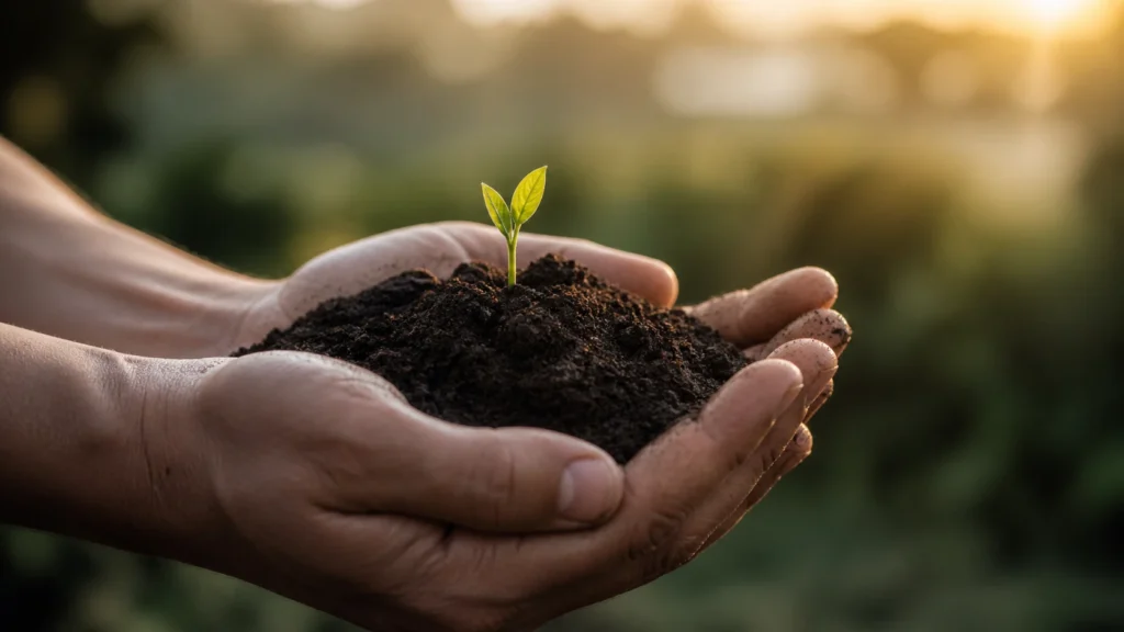 Dreaming of soil with hands holding earth and a growing plant symbolizing life and growth