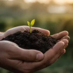 Dreaming of soil with hands holding earth and a growing plant symbolizing life and growth