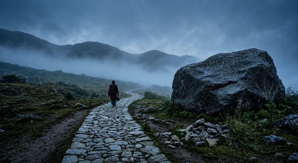 A person walking along a stone path beside a large rock in a misty landscape, symbolizing dreaming of stones and life’s journey