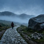 A person walking along a stone path beside a large rock in a misty landscape, symbolizing dreaming of stones and life’s journey