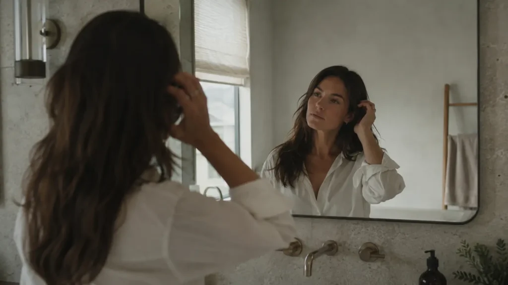 Woman looking at her hair in the mirror, representing the psychological meaning of dreaming of hair