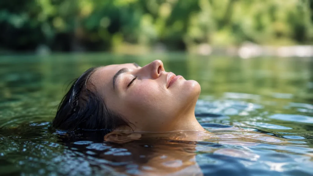 A river in your dream showing a person floating peacefully, symbolizing healing and emotional balance