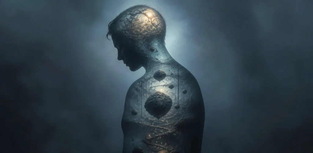 A human silhouette with stones inside the mind and chest, representing emotional weight and subconscious thoughts in dreams
