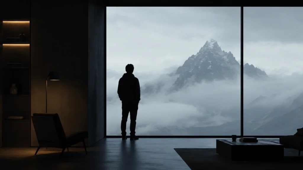 A person standing in front of a mountain view, representing the psychological meaning of dreaming about mountains