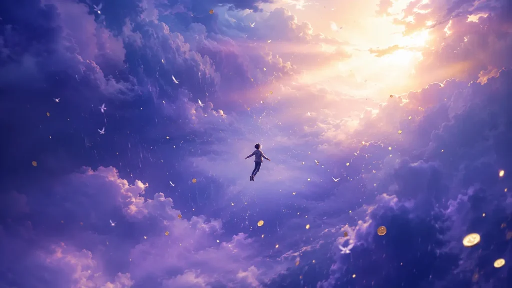 A person flying through glowing purple clouds in a dreamlike sky, symbolizing flying in the sky dream meaning, and freedom