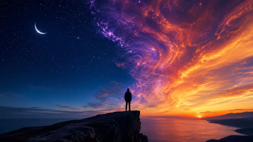 Person standing beneath a colorful sky filled with stars and swirling cosmic clouds, representing sky dream meaning and emotional transformation