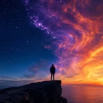 Person standing beneath a colorful sky filled with stars and swirling cosmic clouds, representing sky dream meaning and emotional transformation