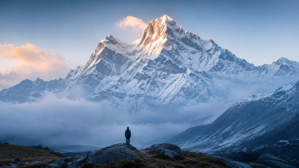 Dreaming about mountains shows a person facing a massive snowy mountain, symbolizing spiritual growth and personal challenges